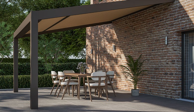 Ambiance 3D - Pergola toile - Solicanva R - RAL 7006 - toile Sunworker SWK Oak M723 - angle 2 Ambiance 3D - Pergola toile - Solicanva R - RAL 7006 - toile Sunworker SWK Oak M723 - angle 2