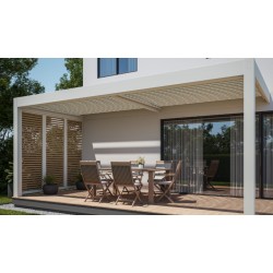 Ambiance 3D  Pergola bioclimatique Solibio 2 modules remplissage latéral lames persiennes orientables ton bois chêne clair