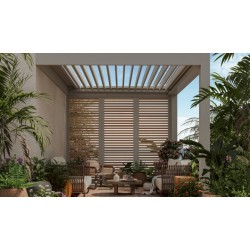 Ambiance 3D Pergola bioclimatique Solibio 1 module remplissage latéral lames persiennes orientables ton bois red cedar gris 2800